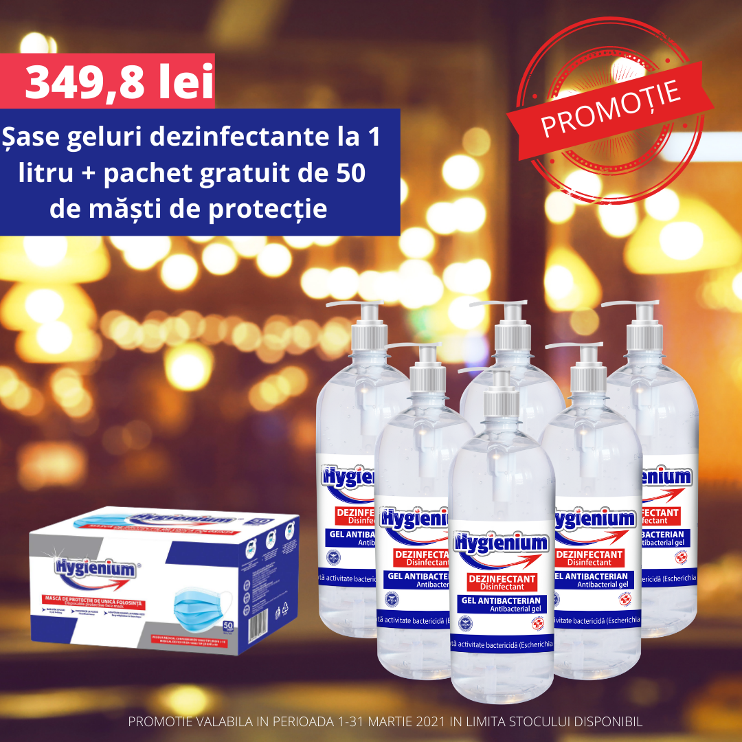 6 Geluri antibacterian la 1 litru + 50 Măști de protecție GRATUIT