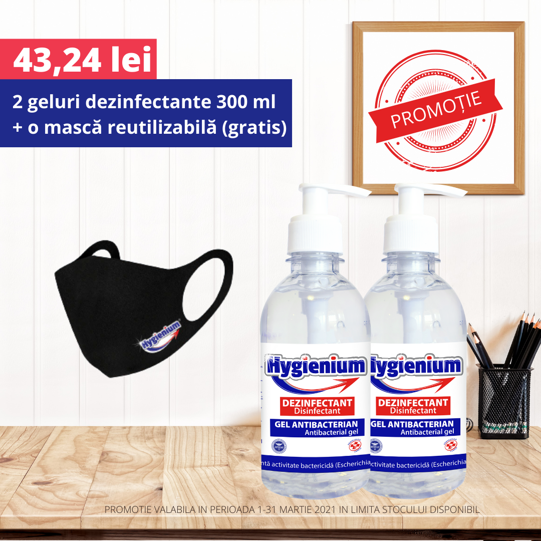 Kit promoțional 2 Geluri dezinfectante 300ml + O mască reutilizabilă GRATIS