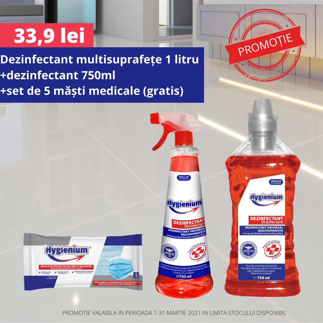 Pachet promoțional – Dezinfectant multisuprafețe 1 litru+dezinfectant 750ml+5 Măști medicale GRATIS