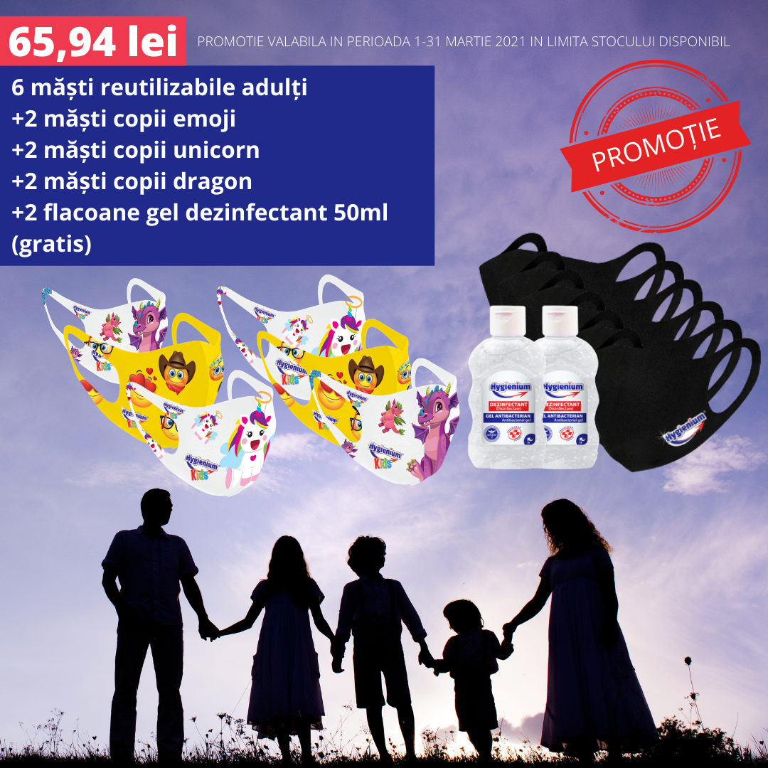 Pachet promoțional 6 măști reutilizabile adulți, 6 măști reutilizabile copii: emoji, unicorn, dragon + 2 Flacoane gel dezinfectant Gratis